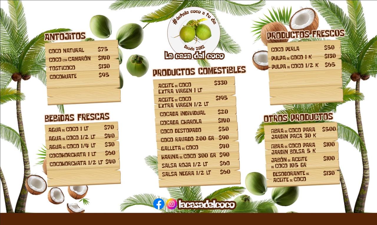 Menú de productos y precios de La Casa del Coco